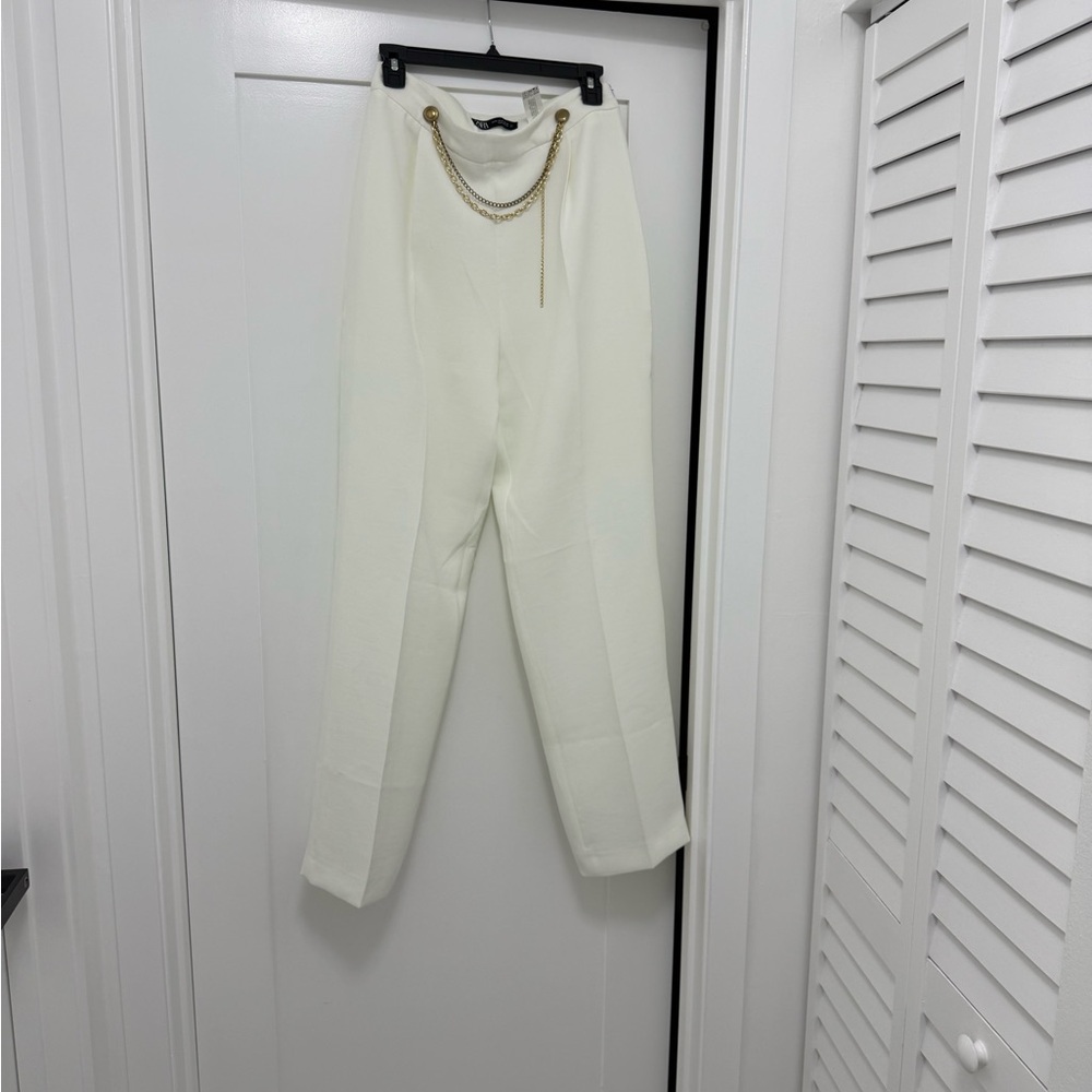 Zara White Pants with Gold Chain Accent